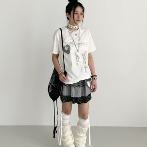 Loose Casual Black and White Short Sleeve T-Shirt with Text Print - Round Neck, Trendy Street Style, Everyday Essential