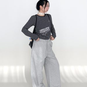 Loose Casual Wide-Leg Terry Sweatpants with Drawstring Elastic Waist – Solid Color Autumn Winter Fashion Pants