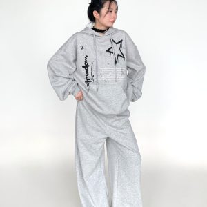 Loose Casual Wide-Leg Terry Sweatpants with Drawstring Elastic Waist – Solid Color Autumn Winter Fashion Pants