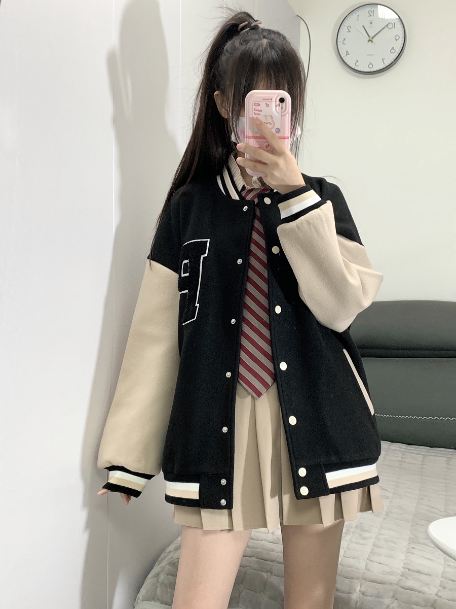 Loose College Style Women's Baseball Jacket - 2023 Spring Autumn American Cotton-Padded Top for Students, Casual Fashion Outerwear Loose College Style Women's Baseball Jacket - 2023 Spring Autumn American Cotton-Padded Top for Students, Casual Fashion Outerwear