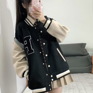 Loose College Style Women's Baseball Jacket - 2023 Spring Autumn American Cotton-Padded Top for Students, Casual Fashion Outerwear