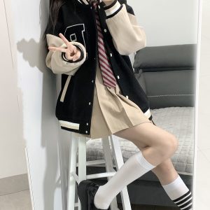 Loose College Style Women's Baseball Jacket - 2023 Spring Autumn American Cotton-Padded Top for Students, Casual Fashion Outerwear