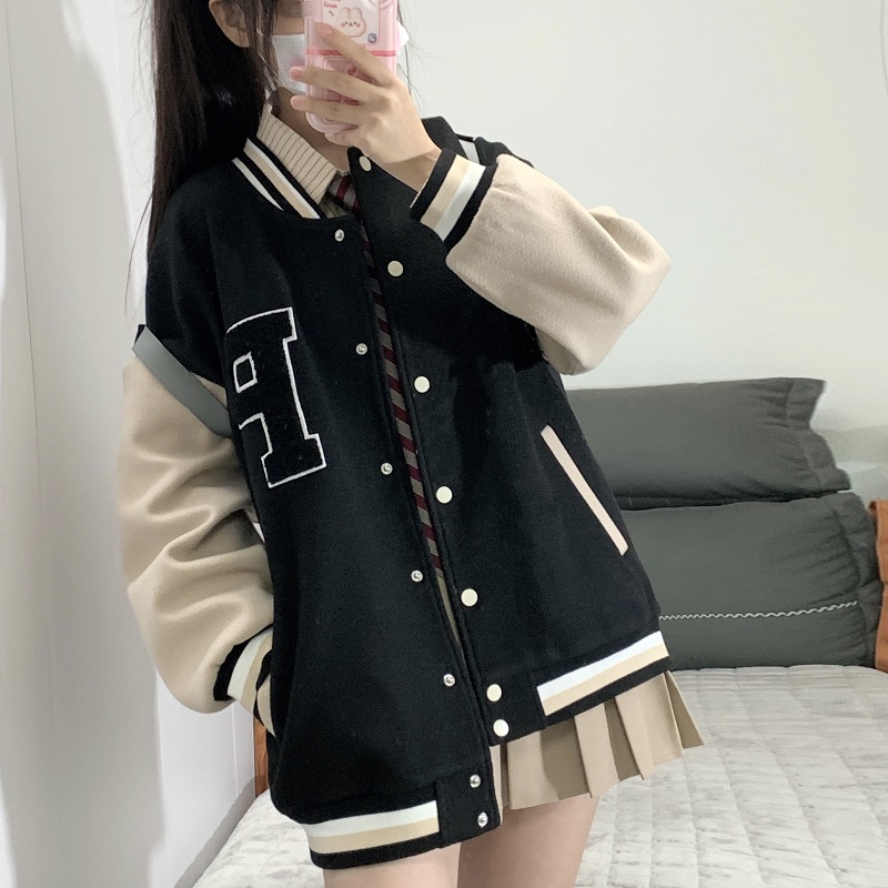 Loose College Style Women's Baseball Jacket - 2023 Spring Autumn American Cotton-Padded Top for Students, Casual Fashion Outerwear Loose College Style Women's Baseball Jacket - 2023 Spring Autumn American Cotton-Padded Top for Students, Casual Fashion Outerwear