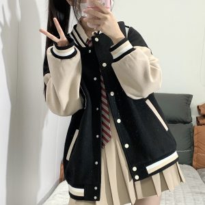 Loose College Style Women's Baseball Jacket - 2023 Spring Autumn American Cotton-Padded Top for Students, Casual Fashion Outerwear