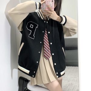 Loose College Style Women's Baseball Jacket - 2023 Spring Autumn American Cotton-Padded Top for Students, Casual Fashion Outerwear
