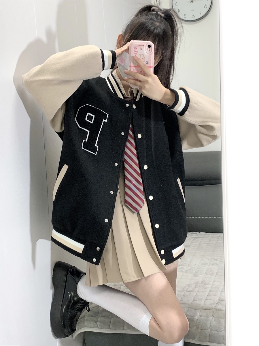 Loose College Style Women's Baseball Jacket - 2023 Spring Autumn American Cotton-Padded Top for Students, Casual Fashion Outerwear Loose College Style Women's Baseball Jacket - 2023 Spring Autumn American Cotton-Padded Top for Students, Casual Fashion Outerwear