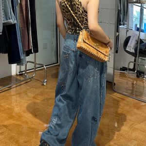 Loose Denim Pants with Heavy-Duty Graffiti Print, Light Clay Dye, High-End Style, Y2K Fashion, Trendy Streetwear, Second Batch Design
