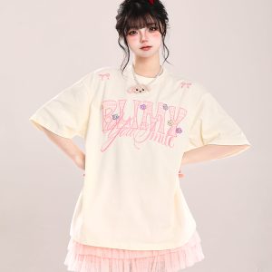 Loose Fit American-Style Letter Embroidery Short Sleeve T-Shirt for Women - Summer 2025 Korean Style, Slimming and Chic