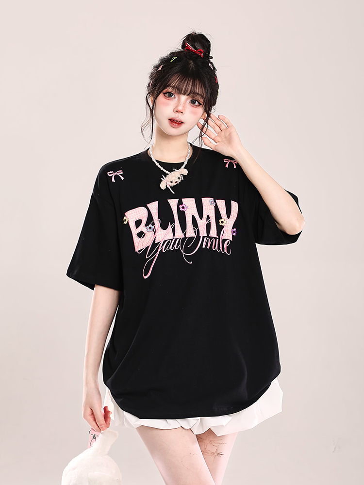 Loose Fit American-Style Letter Embroidery Short Sleeve T-Shirt for Women - Summer 2025 Korean Style, Slimming and Chic Loose Fit American-Style Letter Embroidery Short Sleeve T-Shirt for Women - Summer 2025 Korean Style, Slimming and Chic