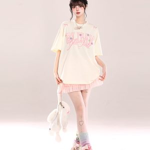 Loose Fit American-Style Letter Embroidery Short Sleeve T-Shirt for Women - Summer 2025 Korean Style, Slimming and Chic