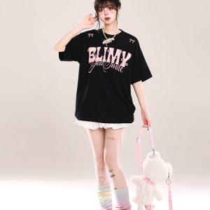 Loose Fit American-Style Letter Embroidery Short Sleeve T-Shirt for Women - Summer 2025 Korean Style, Slimming and Chic