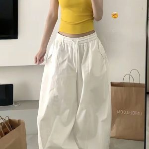 Loose-Fit Elastic Waist Parachute Cargo Pants for Women - Wide-Leg, Wrinkled, Floor-Length, Casual Sports Style