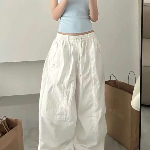 Loose-Fit Elastic Waist Parachute Cargo Pants for Women - Wide-Leg, Wrinkled, Floor-Length, Casual Sports Style