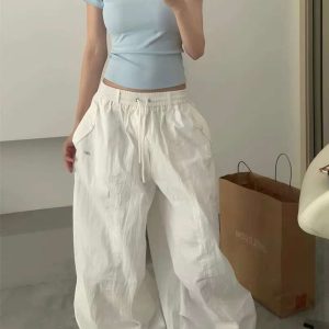 Loose-Fit Elastic Waist Parachute Cargo Pants for Women - Wide-Leg, Wrinkled, Floor-Length, Casual Sports Style
