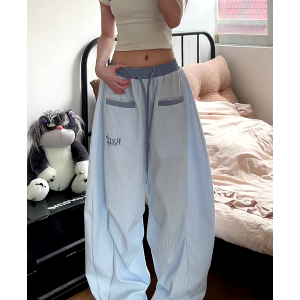 Loose Fit Striped Curved Knife Work Pants for Women - Versatile Wide-Leg Jazz Dance Casual Trousers in American Street Style