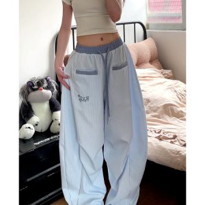Loose Fit Striped Curved Knife Work Pants for Women - Versatile Wide-Leg Jazz Dance Casual Trousers in American Street Style