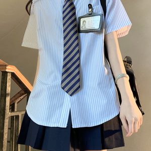 Loose Fit Striped Shirt with Tie | JK Uniform School Style Summer Blue Top for Women