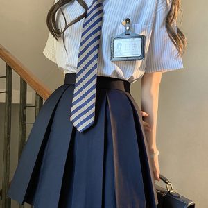 Loose Fit Striped Shirt with Tie | JK Uniform School Style Summer Blue Top for Women