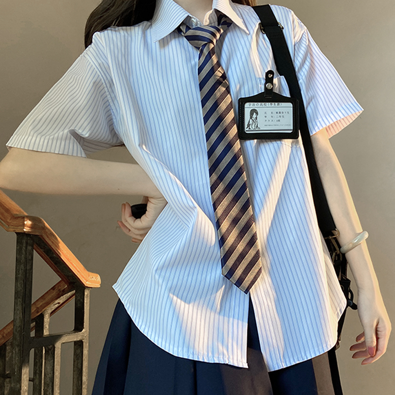 Loose Fit Striped Shirt with Tie | JK Uniform School Style Summer Blue Top for Women