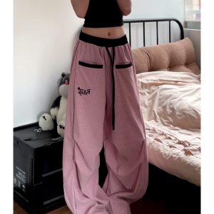 Loose Fit Vintage Plaid Work Pants for Women - Draped Wide-Leg Sports Casual Curved Design with Drawstring Elastic Waist