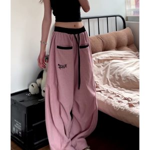 Loose Fit Vintage Plaid Work Pants for Women - Draped Wide-Leg Sports Casual Curved Design with Drawstring Elastic Waist
