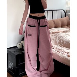 Loose Fit Vintage Plaid Work Pants for Women - Draped Wide-Leg Sports Casual Curved Design with Drawstring Elastic Waist