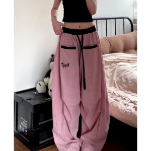 Loose Fit Vintage Plaid Work Pants for Women - Draped Wide-Leg Sports Casual Curved Design with Drawstring Elastic Waist