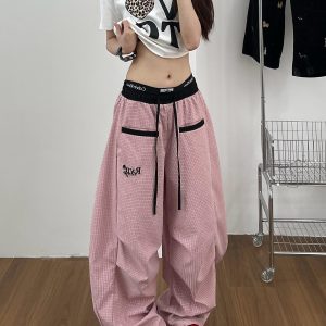 Loose Fit Vintage Plaid Work Pants for Women - Draped Wide-Leg Sports Casual Curved Design with Drawstring Elastic Waist