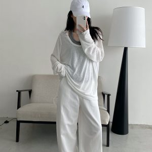 Loose Fit Wide Neckline Long Sleeve T-Shirt Cover-Up in Sun Grapefruit Coral - Relaxed Two-Piece Style for Effortless Y2K Fashion