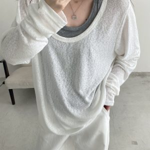 Loose Fit Wide Neckline Long Sleeve T-Shirt Cover-Up in Sun Grapefruit Coral - Relaxed Two-Piece Style for Effortless Y2K Fashion