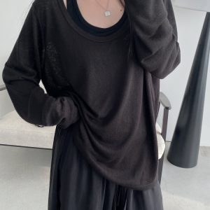 Loose Fit Wide Neckline Long Sleeve T-Shirt Cover-Up in Sun Grapefruit Coral - Relaxed Two-Piece Style for Effortless Y2K Fashion