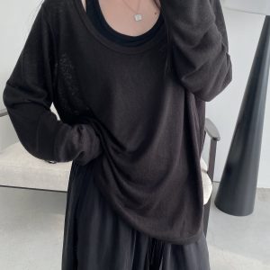 Loose Fit Wide Neckline Long Sleeve T-Shirt Cover-Up in Sun Grapefruit Coral - Relaxed Two-Piece Style for Effortless Y2K Fashion