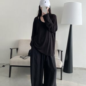 Loose Fit Wide Neckline Long Sleeve T-Shirt Cover-Up in Sun Grapefruit Coral - Relaxed Two-Piece Style for Effortless Y2K Fashion