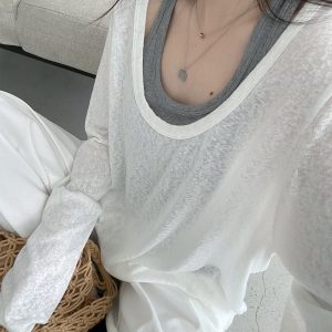 Loose Fit Wide Neckline Long Sleeve T-Shirt Cover-Up in Sun Grapefruit Coral - Relaxed Two-Piece Style for Effortless Y2K Fashion