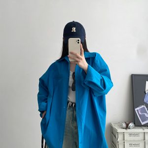 Loose-Fitting Oversized Shirt in Pink and Blue - Flattering High-End Relaxed Fit for Spring and Autumn Fashion