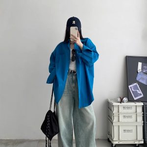 Loose-Fitting Oversized Shirt in Pink and Blue - Flattering High-End Relaxed Fit for Spring and Autumn Fashion