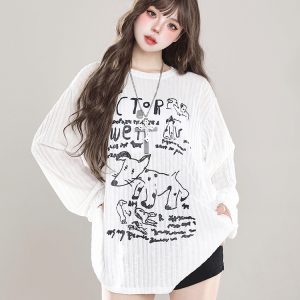 Loose Long Sleeve T-Shirt for Women - Cartoon Graffiti Design, Lightweight Summer Cover-Up, American Lazy Style, Sun Protection Outerwear
