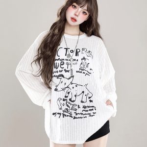 Loose Long Sleeve T-Shirt for Women - Cartoon Graffiti Design, Lightweight Summer Cover-Up, American Lazy Style, Sun Protection Outerwear