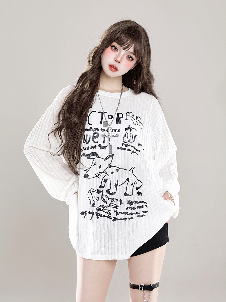 Loose Long Sleeve T-Shirt for Women - Cartoon Graffiti Design, Lightweight Summer Cover-Up, American Lazy Style, Sun Protection Outerwear Loose Long Sleeve T-Shirt for Women - Cartoon Graffiti Design, Lightweight Summer Cover-Up, American Lazy Style, Sun Protection Outerwear