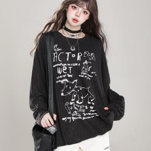 Loose Long Sleeve T-Shirt for Women - Cartoon Graffiti Design, Lightweight Summer Cover-Up, American Lazy Style, Sun Protection Outerwear