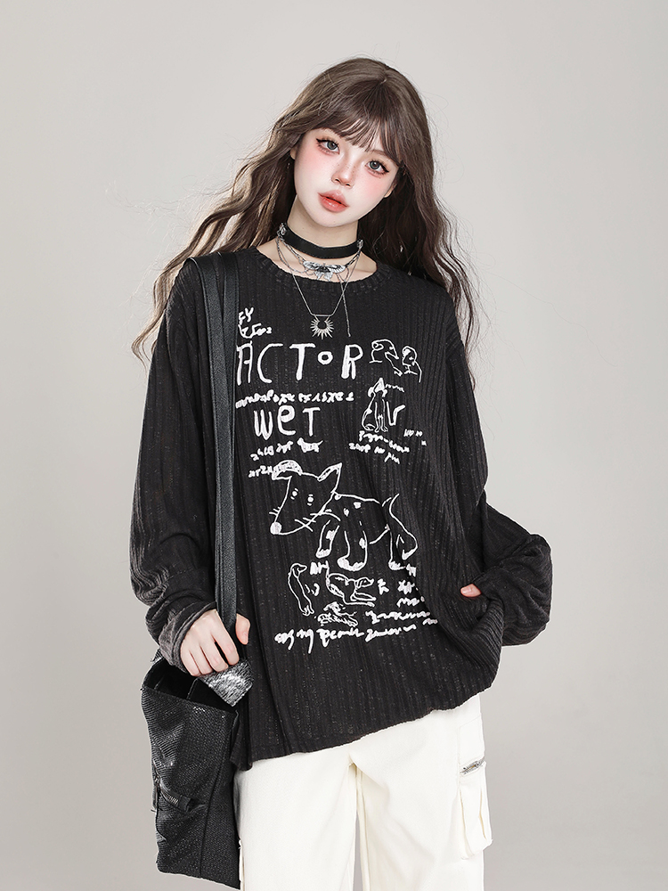 Loose Long Sleeve T-Shirt for Women - Cartoon Graffiti Design, Lightweight Summer Cover-Up, American Lazy Style, Sun Protection Outerwear Loose Long Sleeve T-Shirt for Women - Cartoon Graffiti Design, Lightweight Summer Cover-Up, American Lazy Style, Sun Protection Outerwear