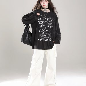 Loose Long Sleeve T-Shirt for Women - Cartoon Graffiti Design, Lightweight Summer Cover-Up, American Lazy Style, Sun Protection Outerwear