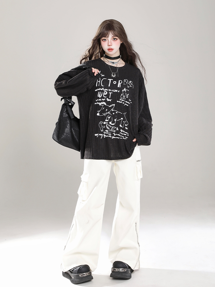 Loose Long Sleeve T-Shirt for Women - Cartoon Graffiti Design, Lightweight Summer Cover-Up, American Lazy Style, Sun Protection Outerwear Loose Long Sleeve T-Shirt for Women - Cartoon Graffiti Design, Lightweight Summer Cover-Up, American Lazy Style, Sun Protection Outerwear