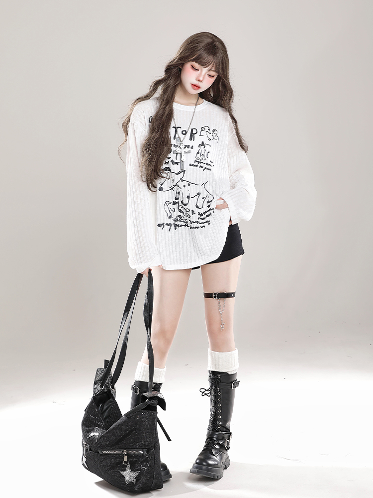 Loose Long Sleeve T-Shirt for Women - Cartoon Graffiti Design, Lightweight Summer Cover-Up, American Lazy Style, Sun Protection Outerwear Loose Long Sleeve T-Shirt for Women - Cartoon Graffiti Design, Lightweight Summer Cover-Up, American Lazy Style, Sun Protection Outerwear