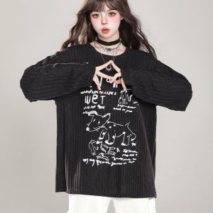 Loose Long Sleeve T-Shirt for Women - Cartoon Graffiti Design, Lightweight Summer Cover-Up, American Lazy Style, Sun Protection Outerwear