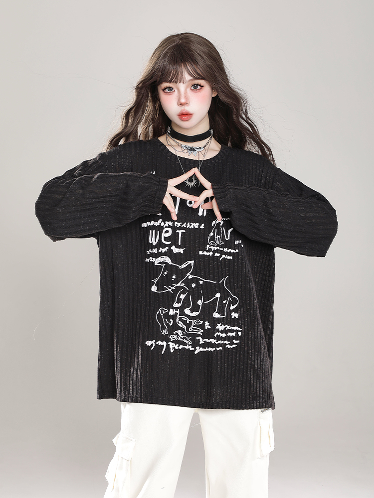 Loose Long Sleeve T-Shirt for Women - Cartoon Graffiti Design, Lightweight Summer Cover-Up, American Lazy Style, Sun Protection Outerwear Loose Long Sleeve T-Shirt for Women - Cartoon Graffiti Design, Lightweight Summer Cover-Up, American Lazy Style, Sun Protection Outerwear