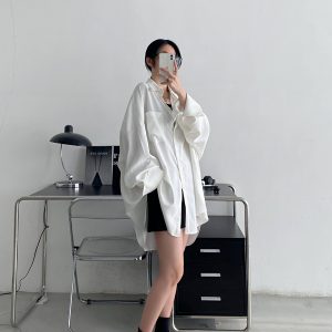Loose Long Sleeve White Shirt for Women - Unique Sun Grapefruit Design, French Style, Perfect for Spring and Autumn Outerwear