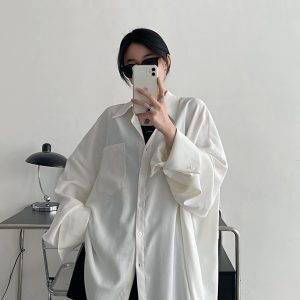 Loose Long Sleeve White Shirt for Women - Unique Sun Grapefruit Design, French Style, Perfect for Spring and Autumn Outerwear