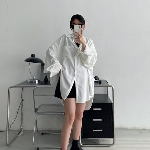 Loose Long Sleeve White Shirt for Women - Unique Sun Grapefruit Design, French Style, Perfect for Spring and Autumn Outerwear