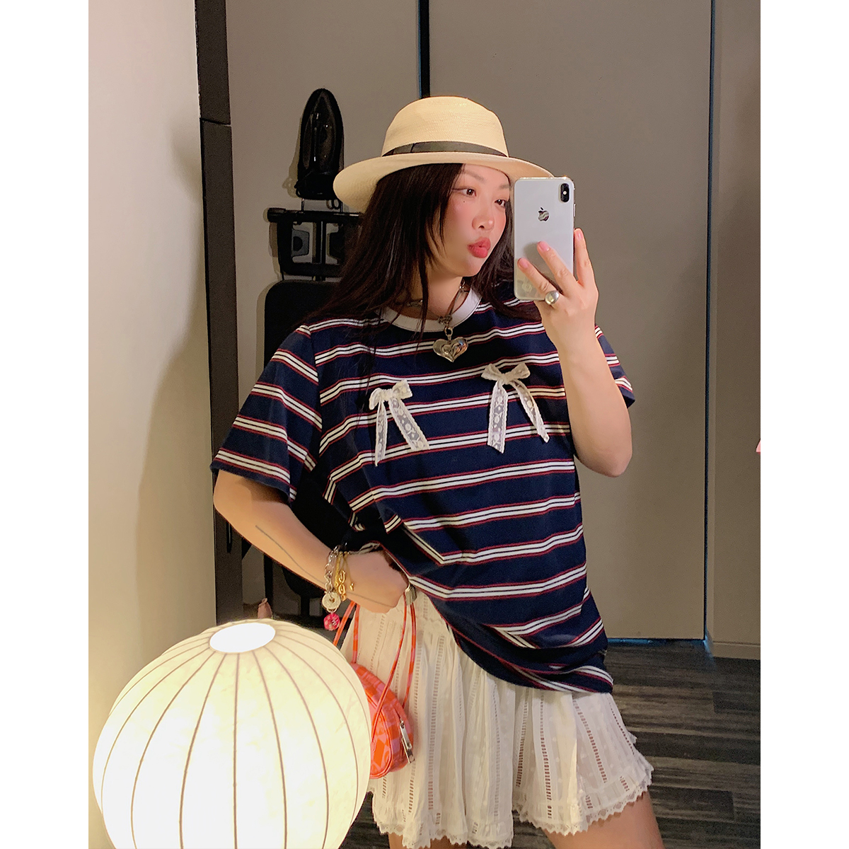 Loose Plus Size Bow Tie Striped T-Shirt for Women - Short Sleeve 2025 Spring Summer Fashion Top
